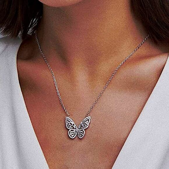 Platinum Butterfly Matching Zircon Necklace Earrings Ring Silver Set - Picture 4 of 10